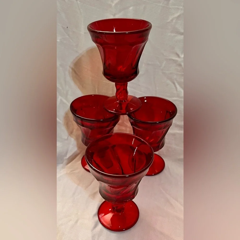 VTG Fostoria Jamestown Ruby Red Champagne Tall Sherbet Glasses Set of 4 Swirl